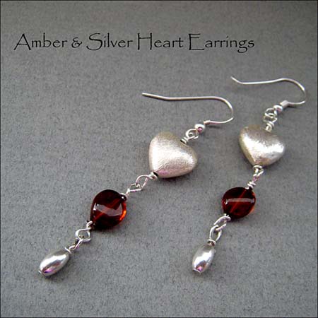 E - Amber & Silver Heart Earrings