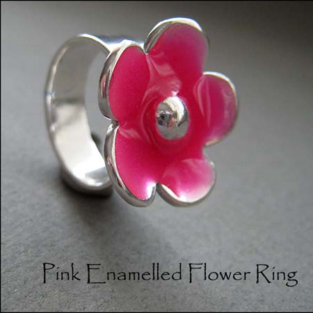 R - Pink Enamelled Flower Ring